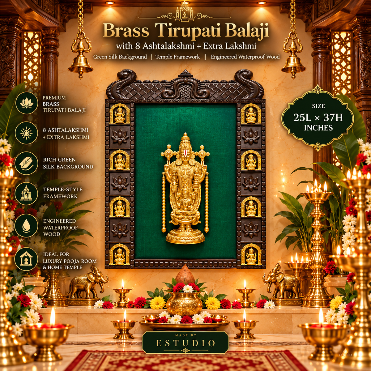Tirupati Balaji Brass Luxury Pooja Wall Art with 8 Ashtalakshmi | Green Silk Temple Frame | Made by Estudio