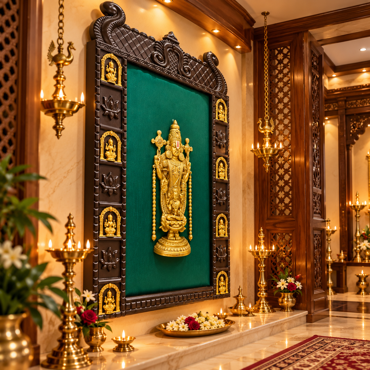 Tirupati Balaji Brass Luxury Pooja Wall Art with 8 Ashtalakshmi | Green Silk Temple Frame | Made by Estudio