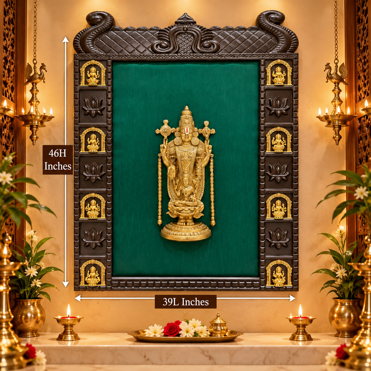 Tirupati Balaji Brass Luxury Pooja Wall Art with 8 Ashtalakshmi | Green Silk Temple Frame | Made by Estudio