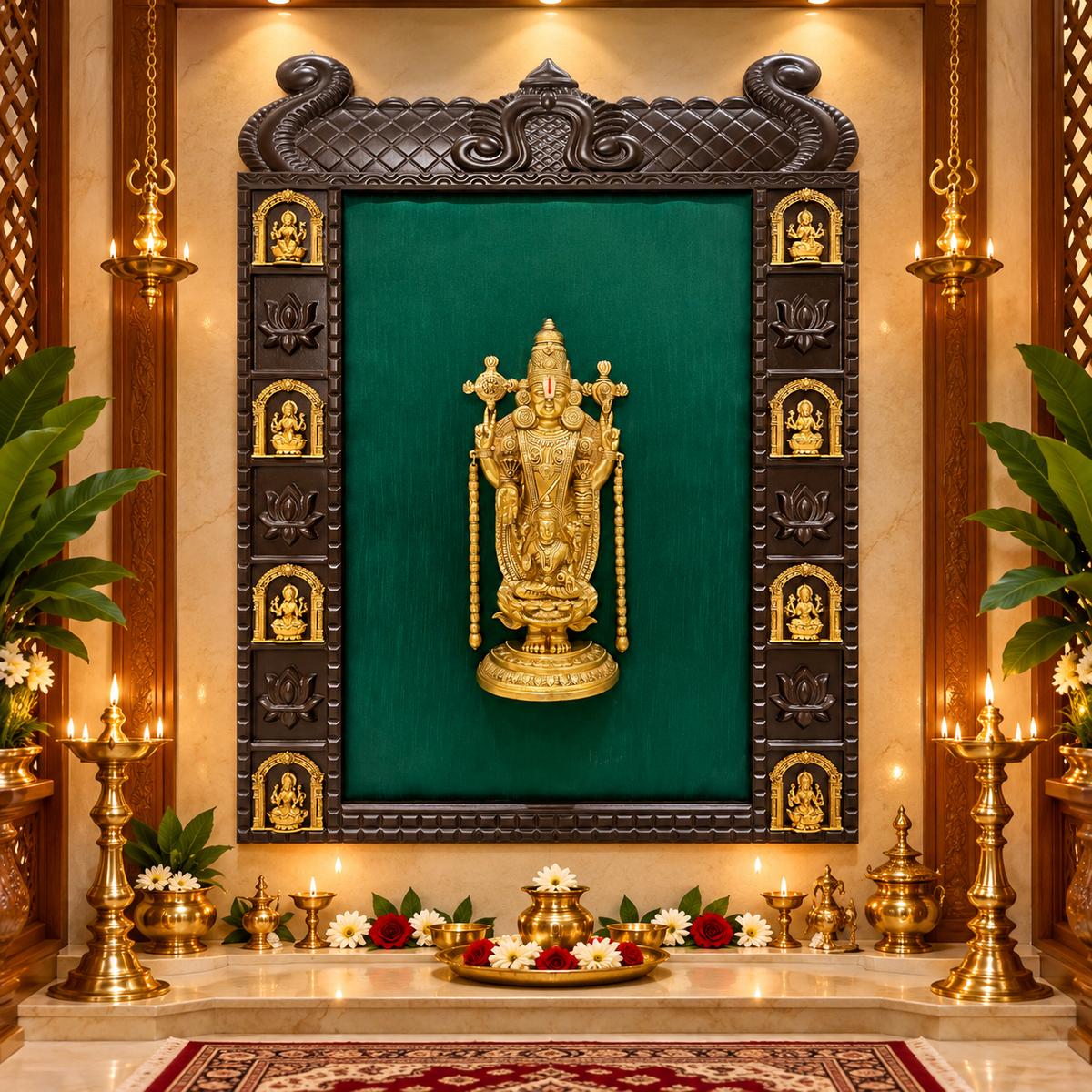 Tirupati Balaji Brass Luxury Pooja Wall Art with 8 Ashtalakshmi | Green Silk Temple Frame | Made by Estudio