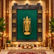 Tirupati Balaji Brass Luxury Pooja Wall Art with 8 Ashtalakshmi | Green Silk Temple Frame | Made by Estudio