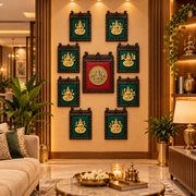 Temple Frame Tirupati Brass & Green Ashta Lakshmi 9 Frame Set | Red Silk Festive Wall Decor | Made by ESTUDIO