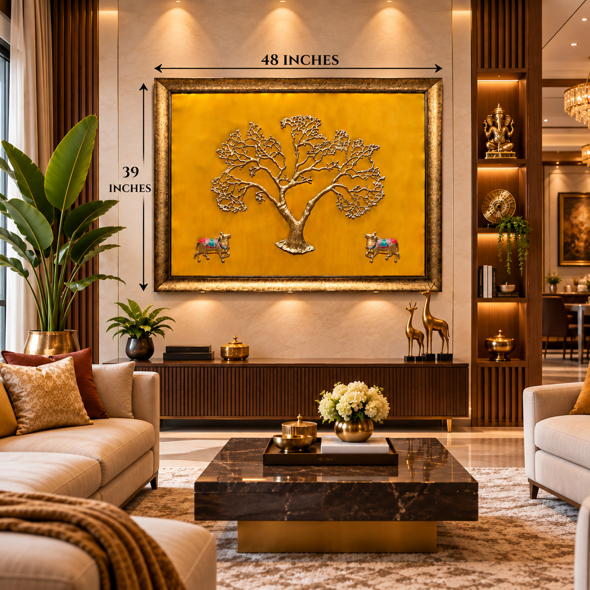Kalpavriksha Tree with 2 Brass Cows | Luxury Indian Wall Art | Yellow Silk Background | Estudio