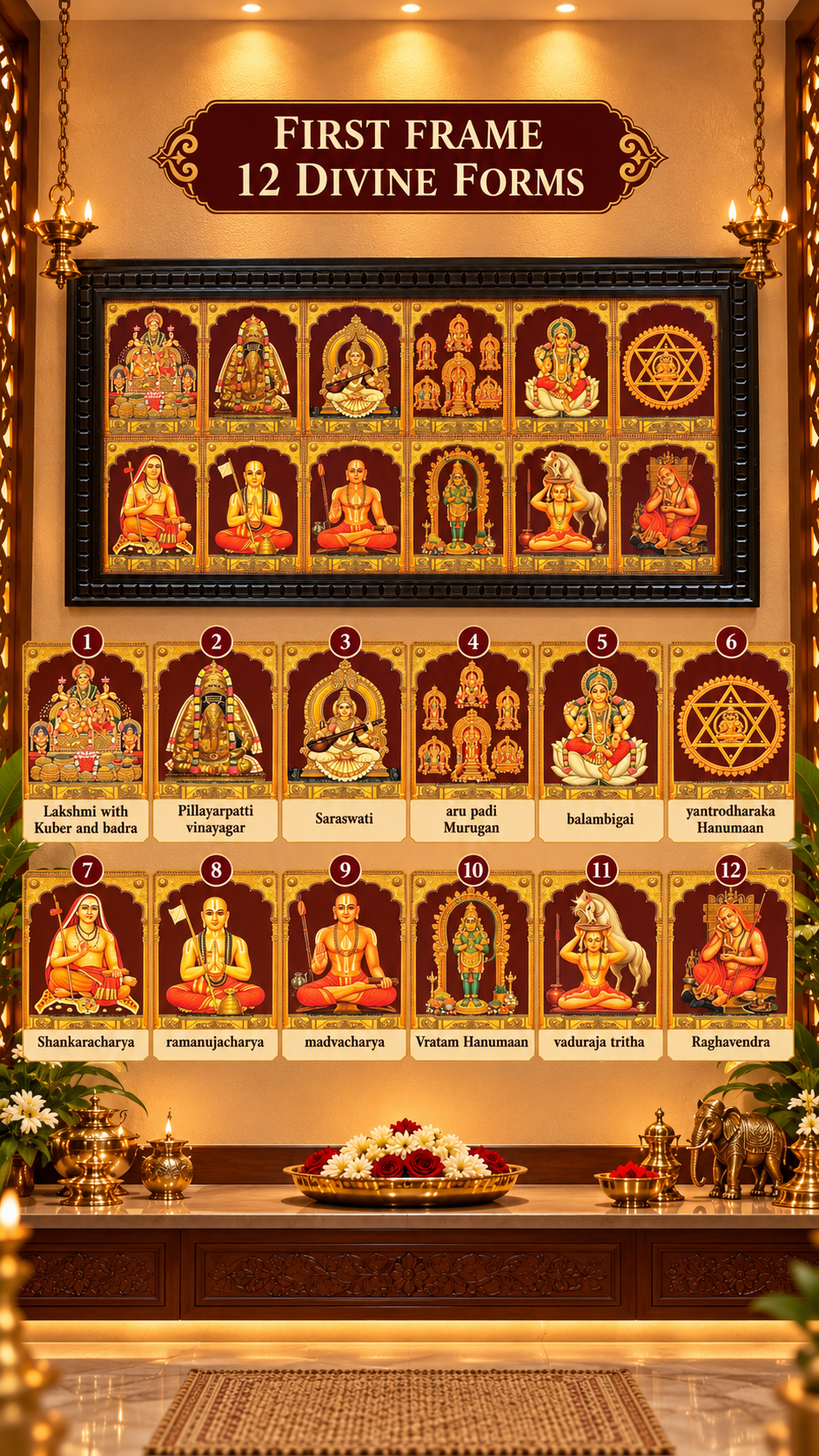 36 Gods in 3 Frames | Premium Gold Leaf Divine Artwork | Temple Style Waterproof Engineered Wooden Frames | Made by Estudio