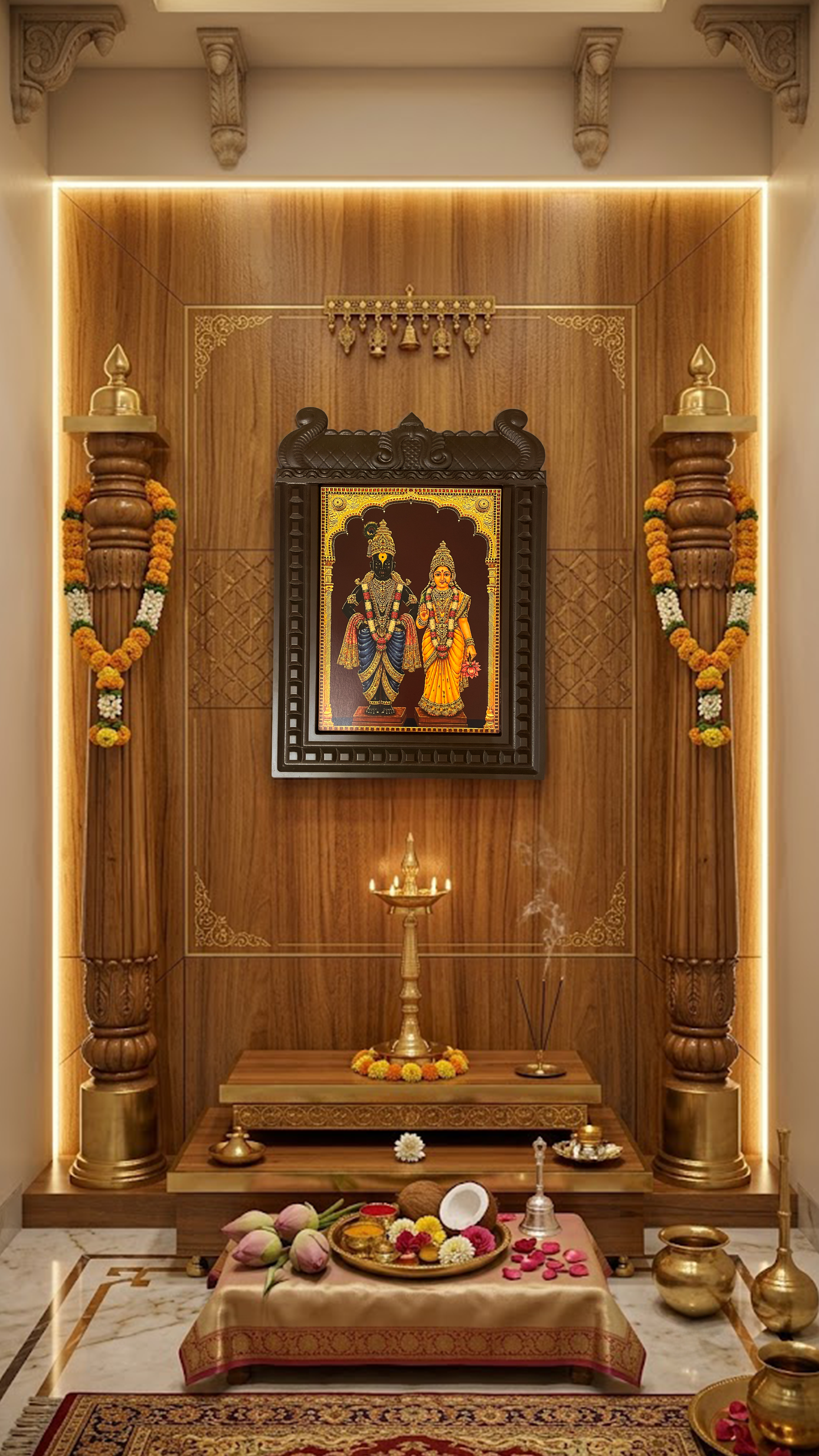 Vitthal Rukmini Gold Leaf Artwork Engineered Wood Temple Frame | Premium Wooden Wall Decor for Pooja Room | Luxury Hindu Divine Wall Art