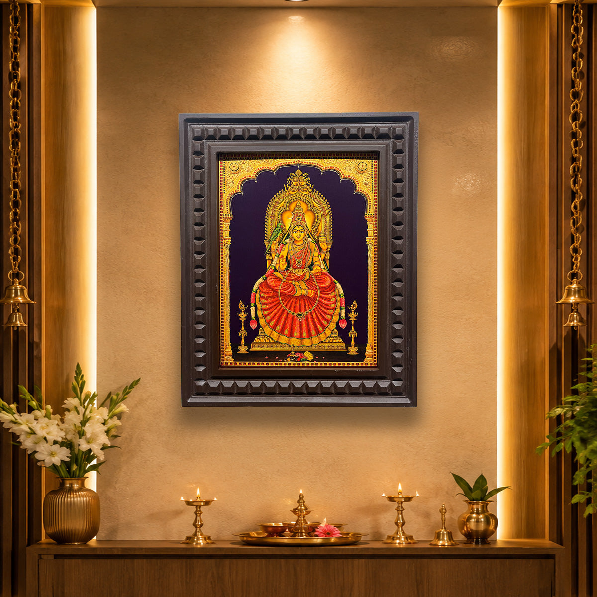 Sringeri Sharadamba Gold Leaf Artwork | Premium Engineered Wooden Frame | Small Hindu Temple Wall Decor for Pooja Room