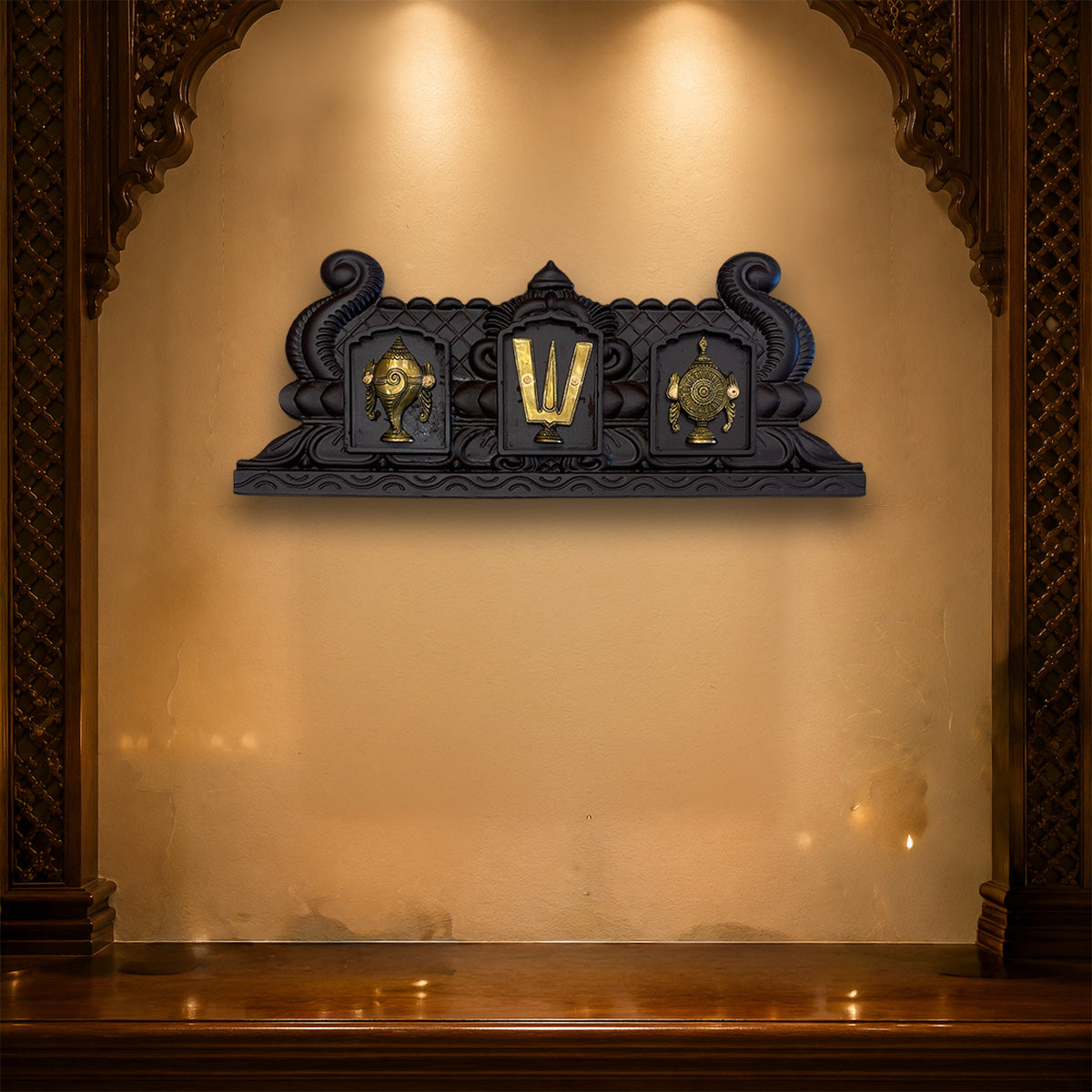 Brass Shankha Chakra Namam on Engineered Wooden Frame | Vaishnav Door Hanging | Auspicious Vastu Decor by ESTUDIO