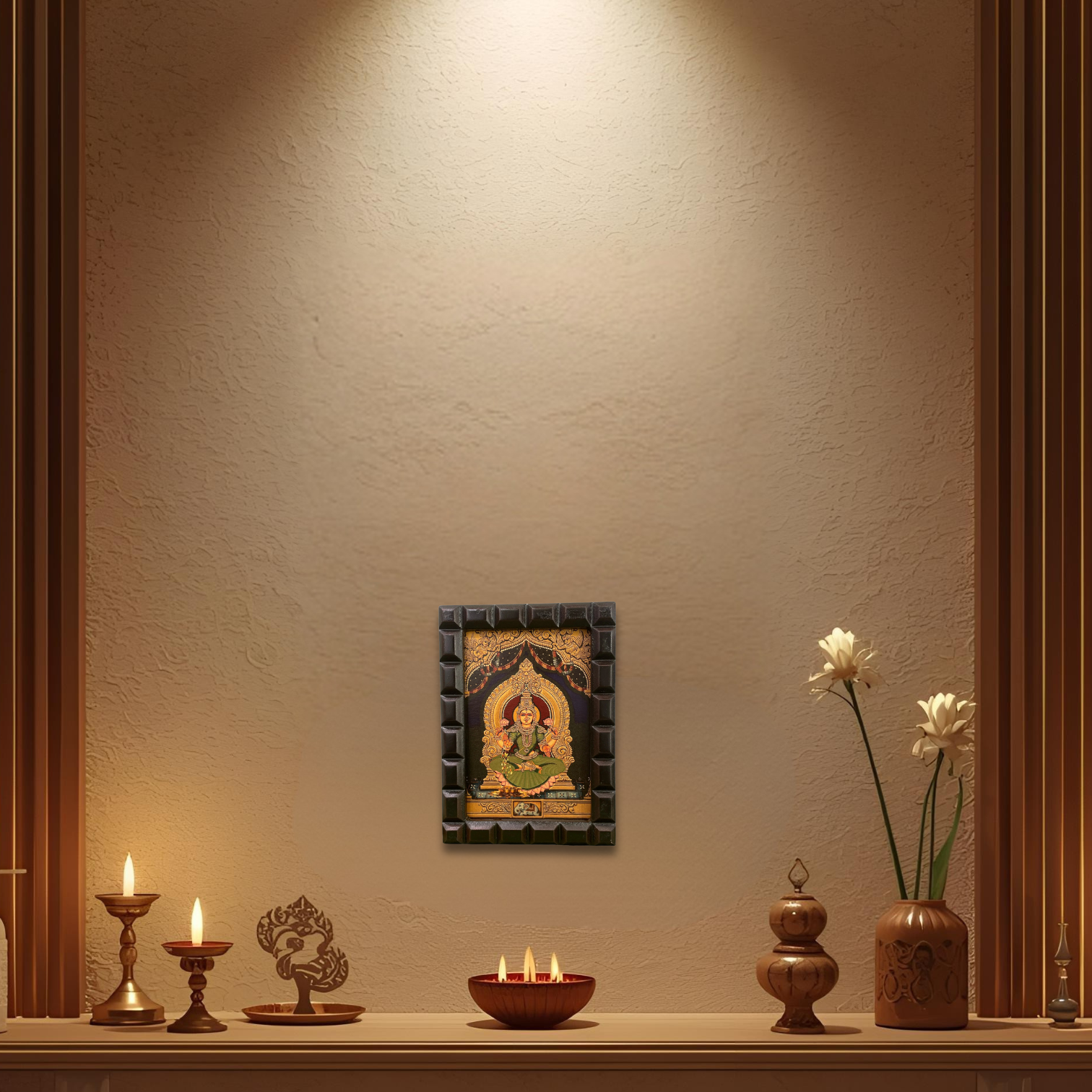 Shree Lakshmi-2 (Green Saree) Gold Leafed Art within Wooden frame