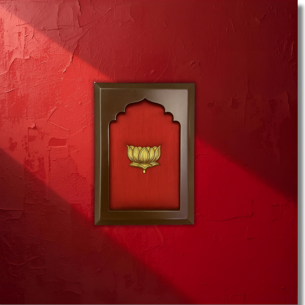 Set Of 5, Red Wall Art Set with Kalapvriksha, Gadha, lotus, kamdhenu, Kuber Kalash