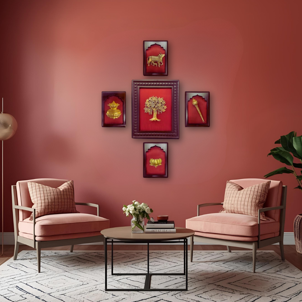 Set Of 5, Red Wall Art Set with Kalapvriksha, Gadha, lotus, kamdhenu, Kuber Kalash
