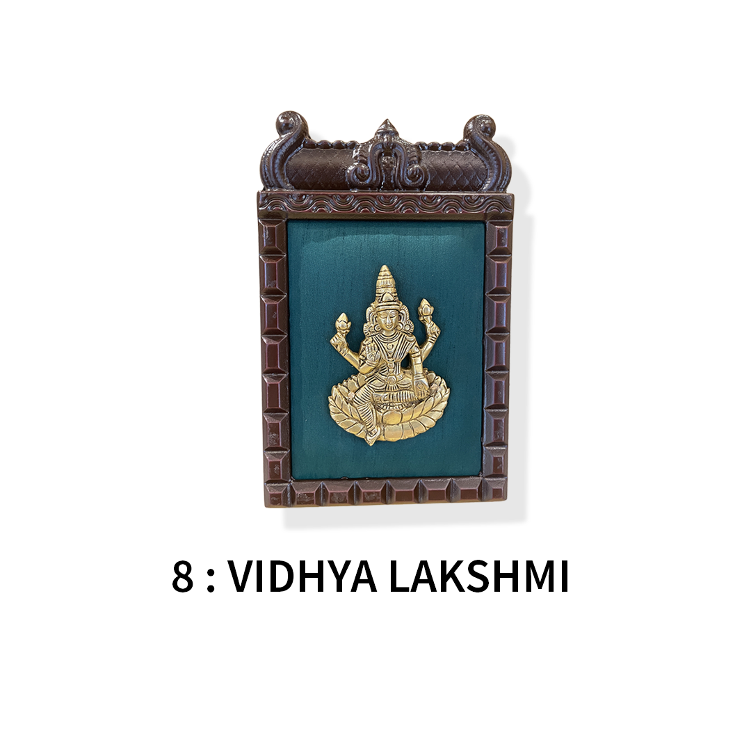 Ashtalakshmi brass wall art – Set of 8 | Green silk backdrop | Sacred home decor