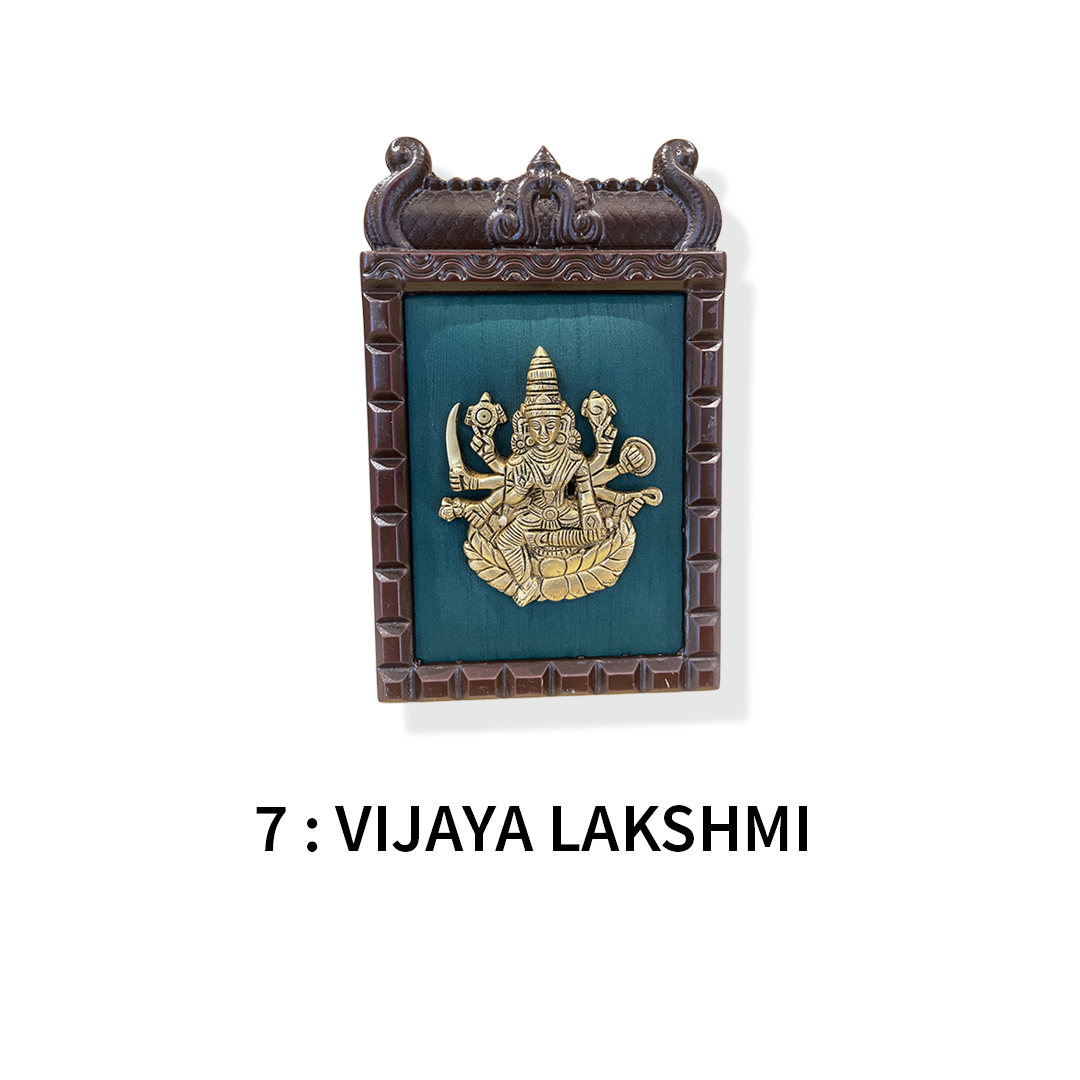 Ashtalakshmi brass wall art – Set of 8 | Green silk backdrop | Sacred home decor