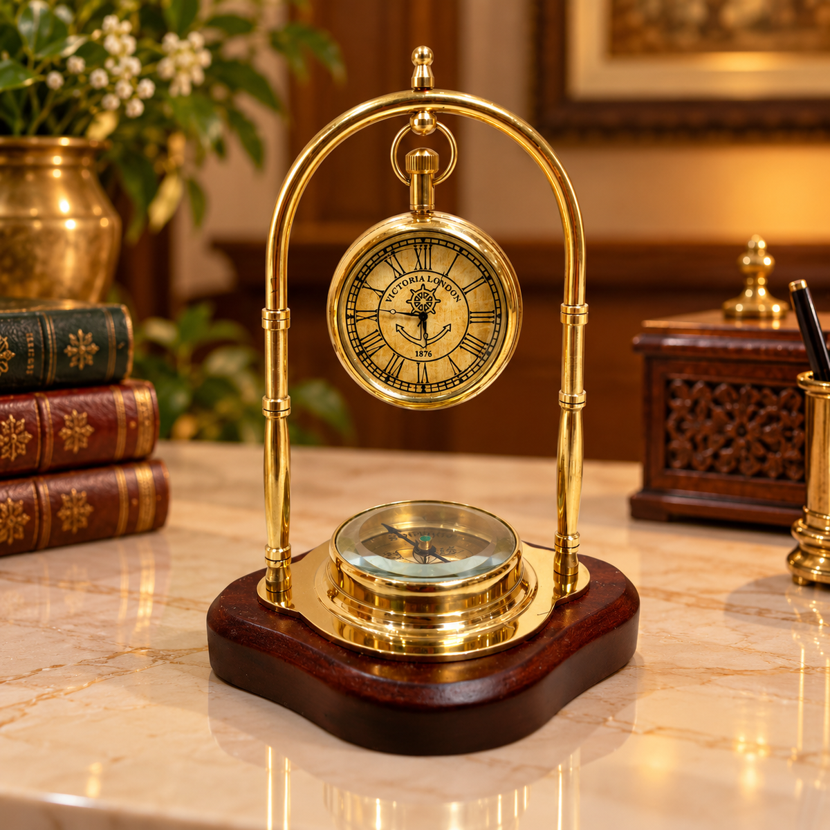 Vintage Brass Clock with Magnetic Compass | Battery-Operated Luxury Desk Decor | Made by Estudio
