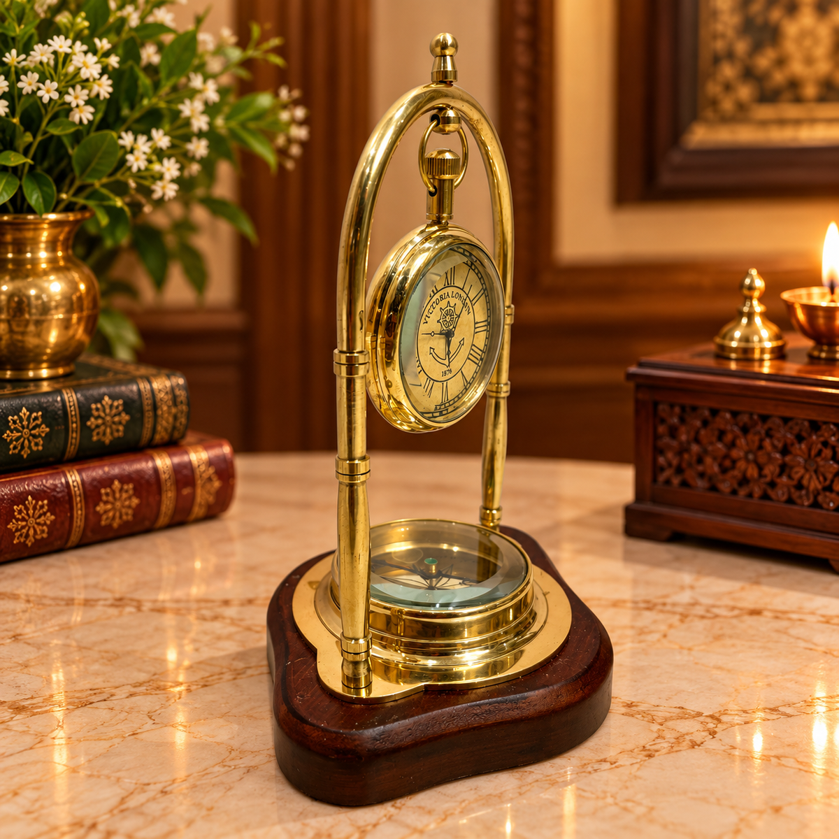 Vintage Brass Clock with Magnetic Compass | Battery-Operated Luxury Desk Decor | Made by Estudio