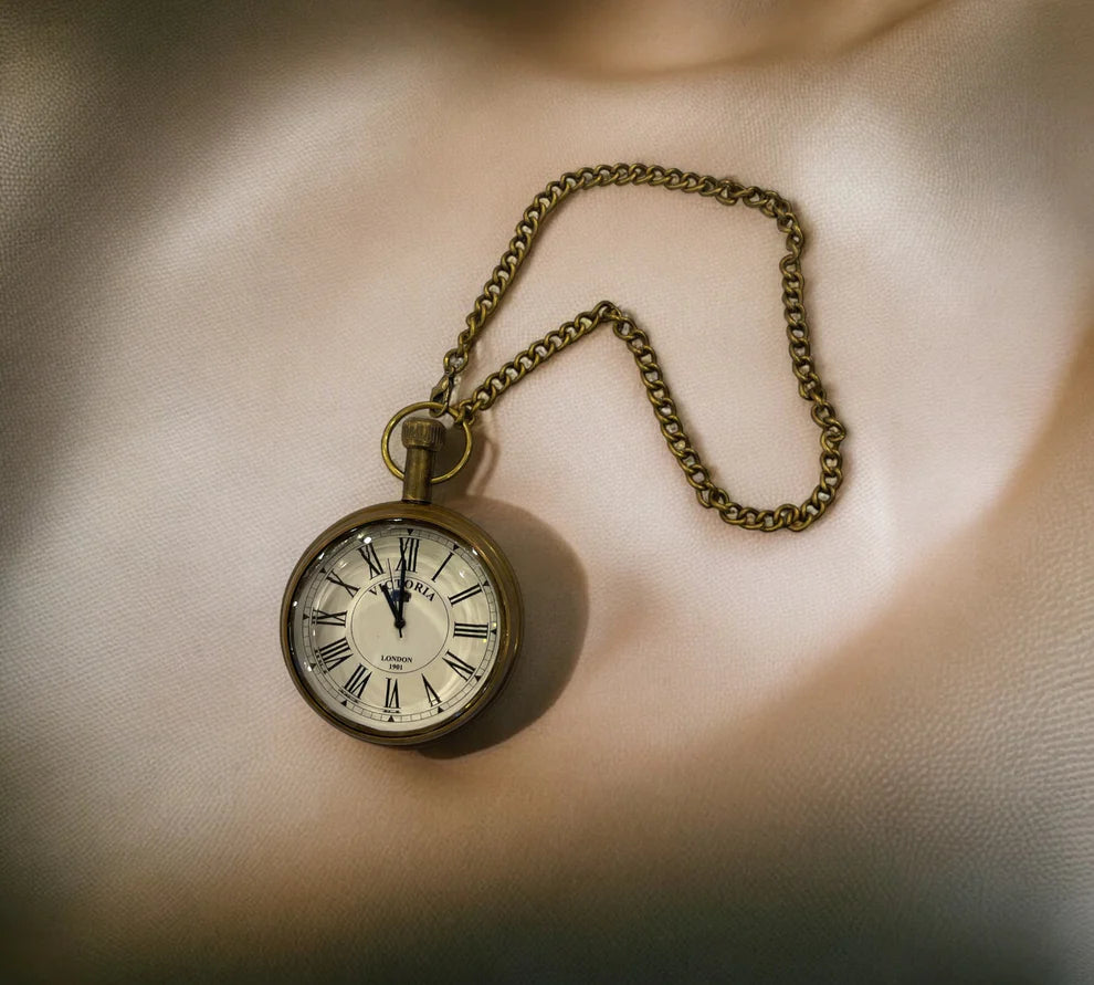 Vintage Brass Pocket Watch - Tempus Fugit With Wooden box