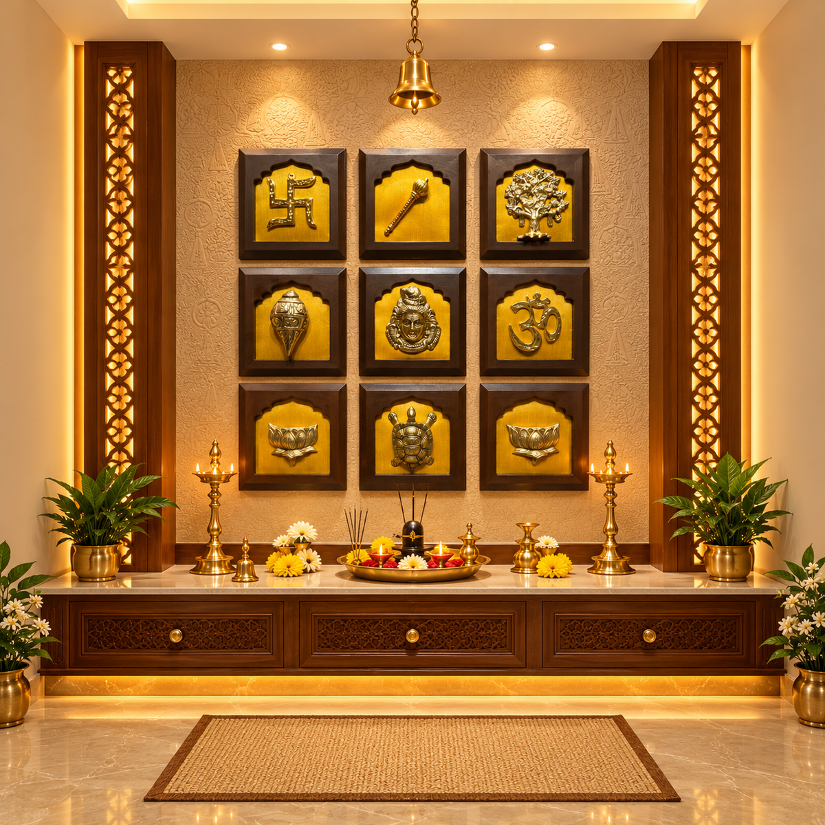 9-Piece Brass Wall Art Set | Om, Hanuman Gada, Swastik, Lotus, Tortoise, Shankh, Kalpavriksha & Lord Shiva | Vastu Home Décor | ESTUDIO