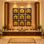 9-Piece Brass Wall Art Set | Om, Hanuman Gada, Swastik, Lotus, Tortoise, Shankh, Kalpavriksha & Lord Shiva | Vastu Home Décor | ESTUDIO