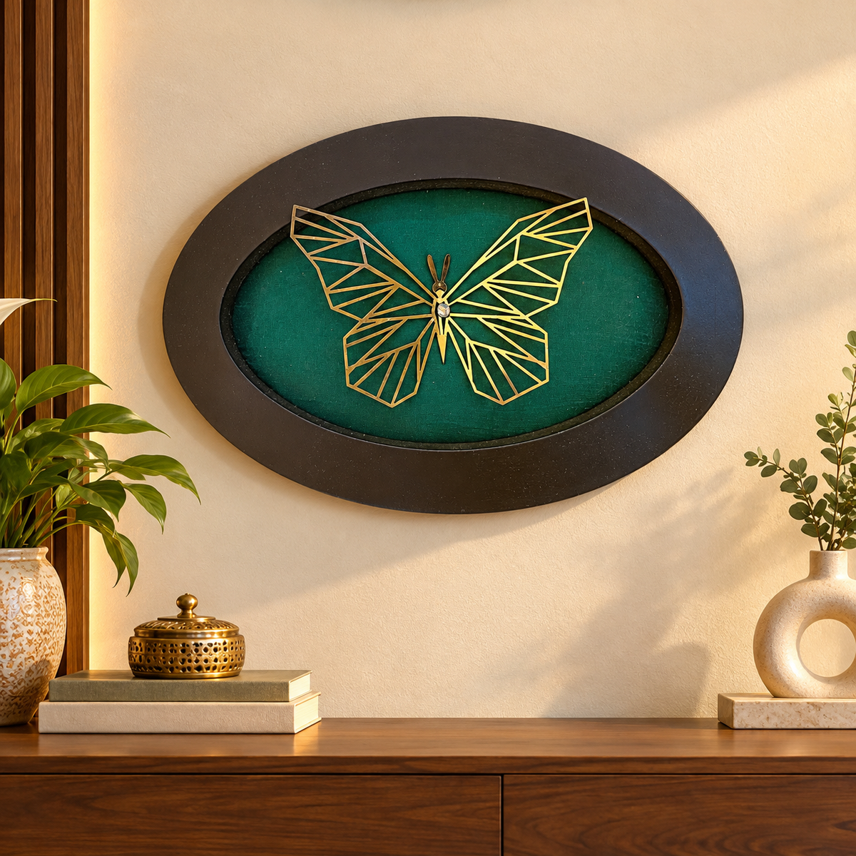 Butterfly Metal Wall Art on Green Silk | Engineered Waterproof Wooden Frame | Luxury Home Decor by Estudio