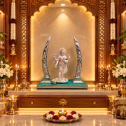 92.5% STERLING SILVER PLATED LAKSHMI DEVI ON LOTUS WITH MUSICAL GANESHA TUSK SET | LUXURY DIVINE DÉCOR BY ESTUDIO