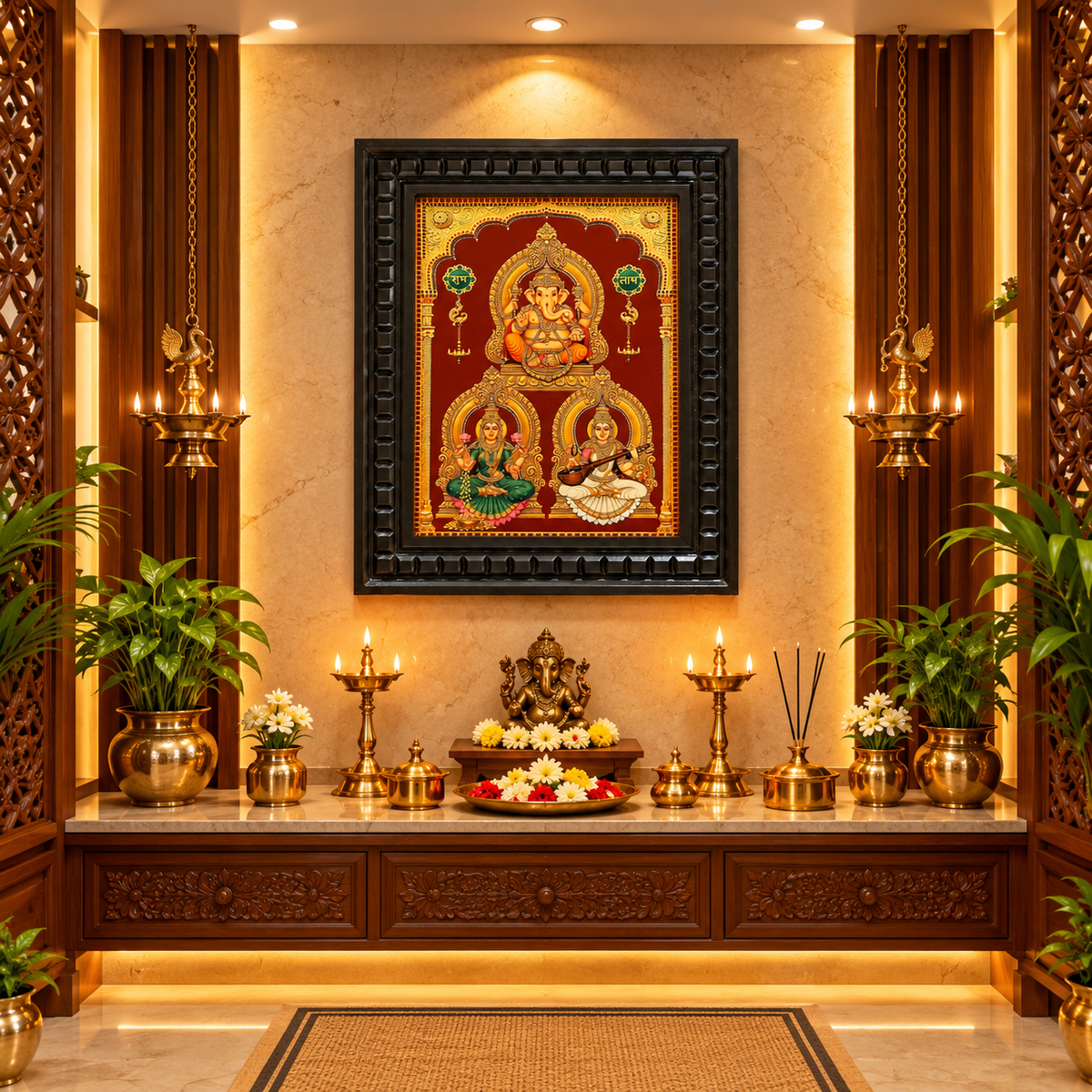 3 Gods in One Frame Gold Leaf Art | Ganesha, Lakshmi & Saraswati | Waterproof Wooden Frame – Estudio