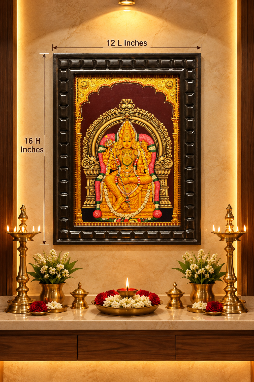 Goddess Abirami Meenakshi Amman Gold Leaf Art | Premium Waterproof Engineered Wooden Frame | Divine Pooja Room Wall Art | Made by Estudio
