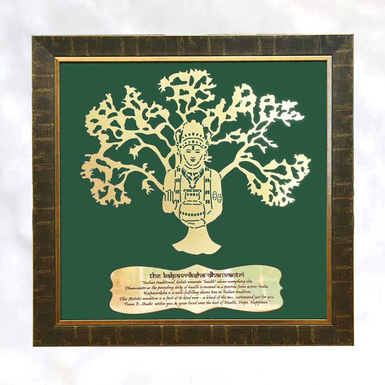 Dhanvantri with Green silk backdrop brown and copper frame