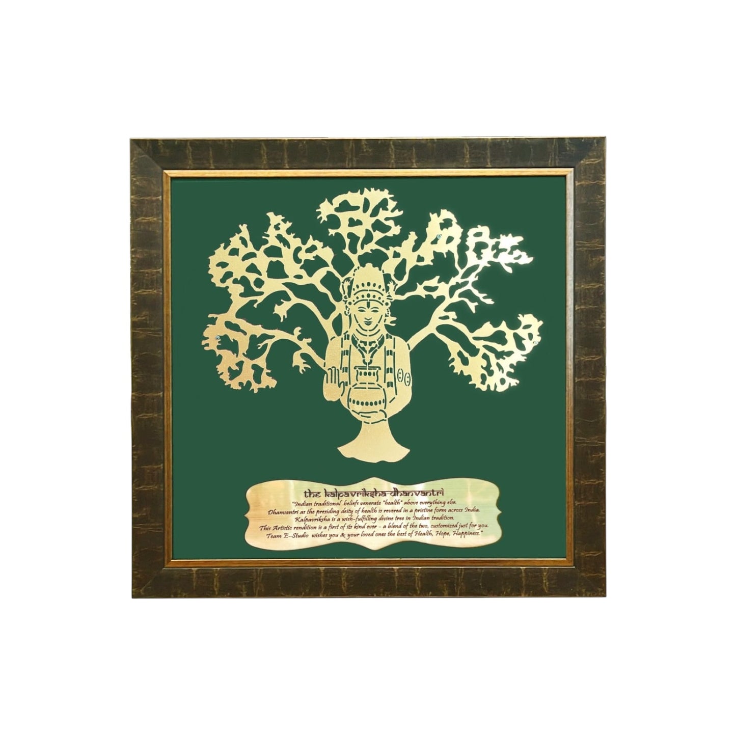 Dhanvantri with Green silk backdrop brown and copper frame