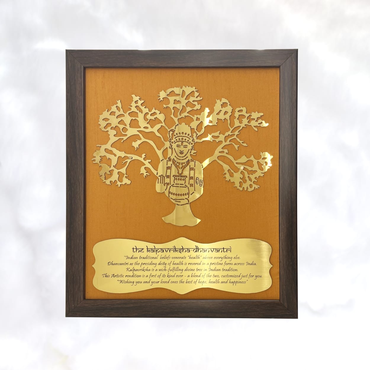Dhanvantri  with Orange silk backdrop brown and copper frame