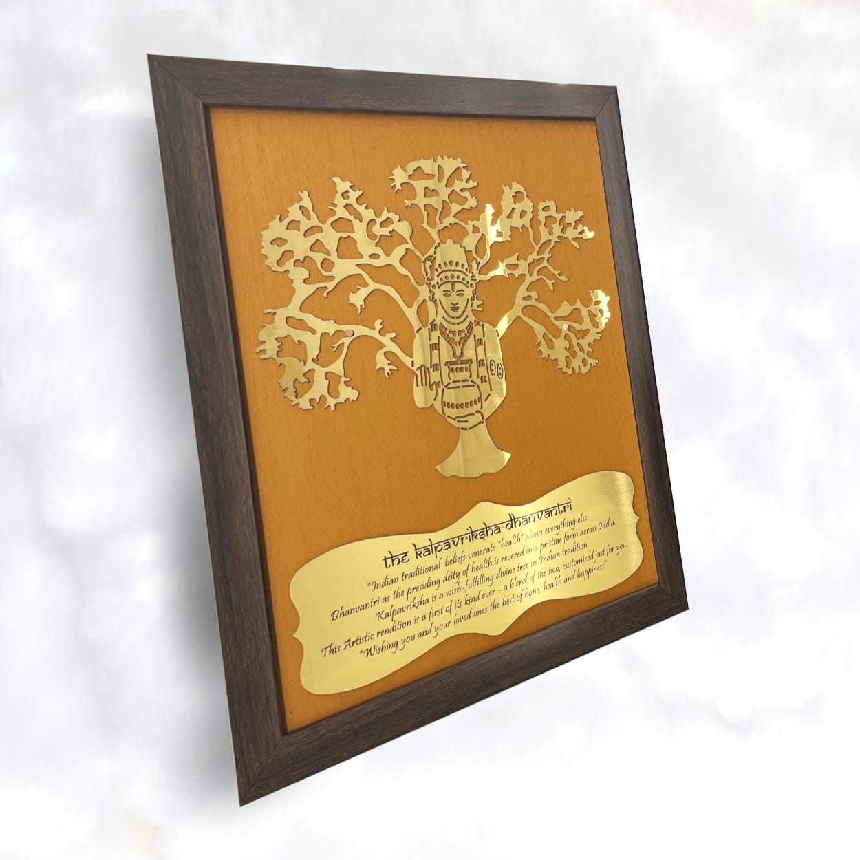 Dhanvantri  with Orange silk backdrop brown and copper frame