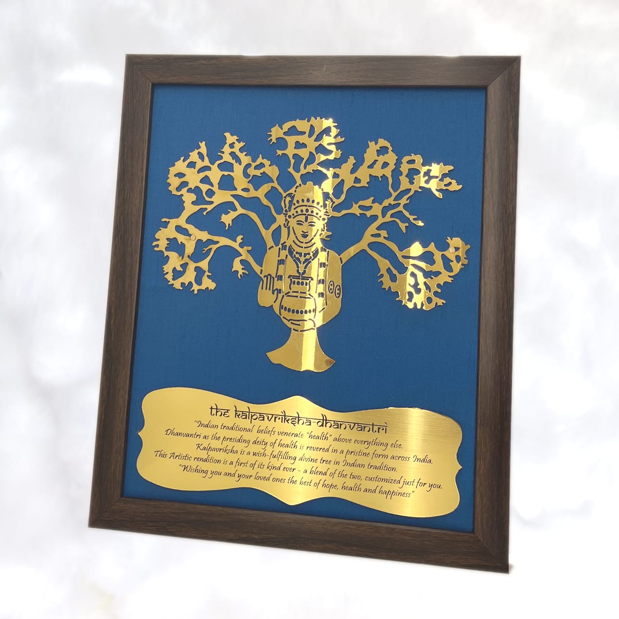 Dhanvantri with Blue silk backdrop brown and copper frame