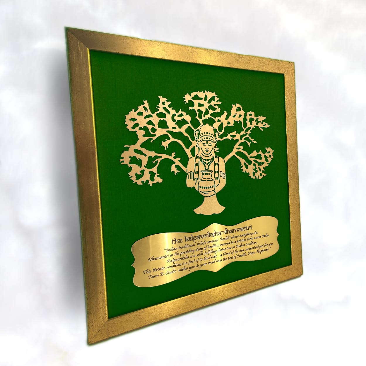 Dhanvantri with Green silk backdrop Gold frame