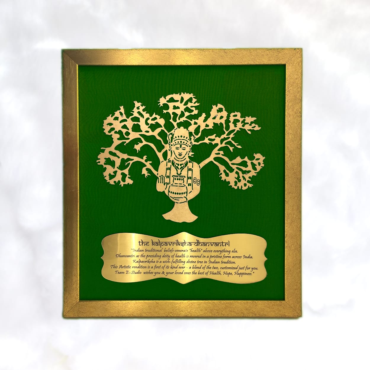 Dhanvantri with Green silk backdrop Gold frame