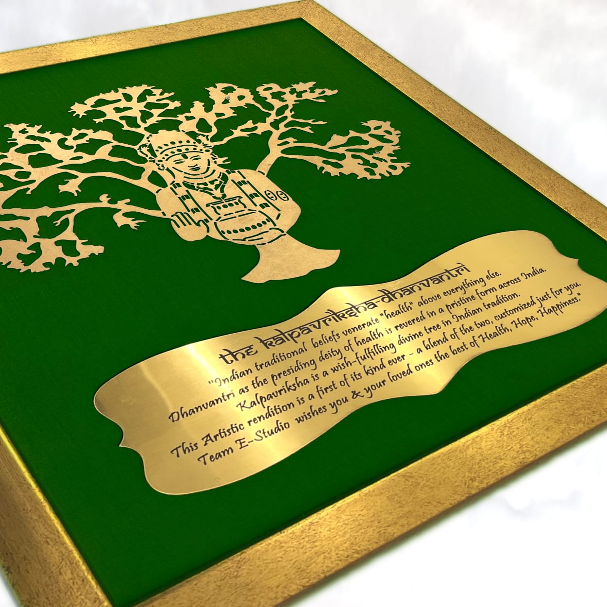 Dhanvantri with Green silk backdrop Gold frame