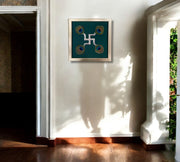 Silver Swastik on Green Silk in Antique Gold Frame with Certificate