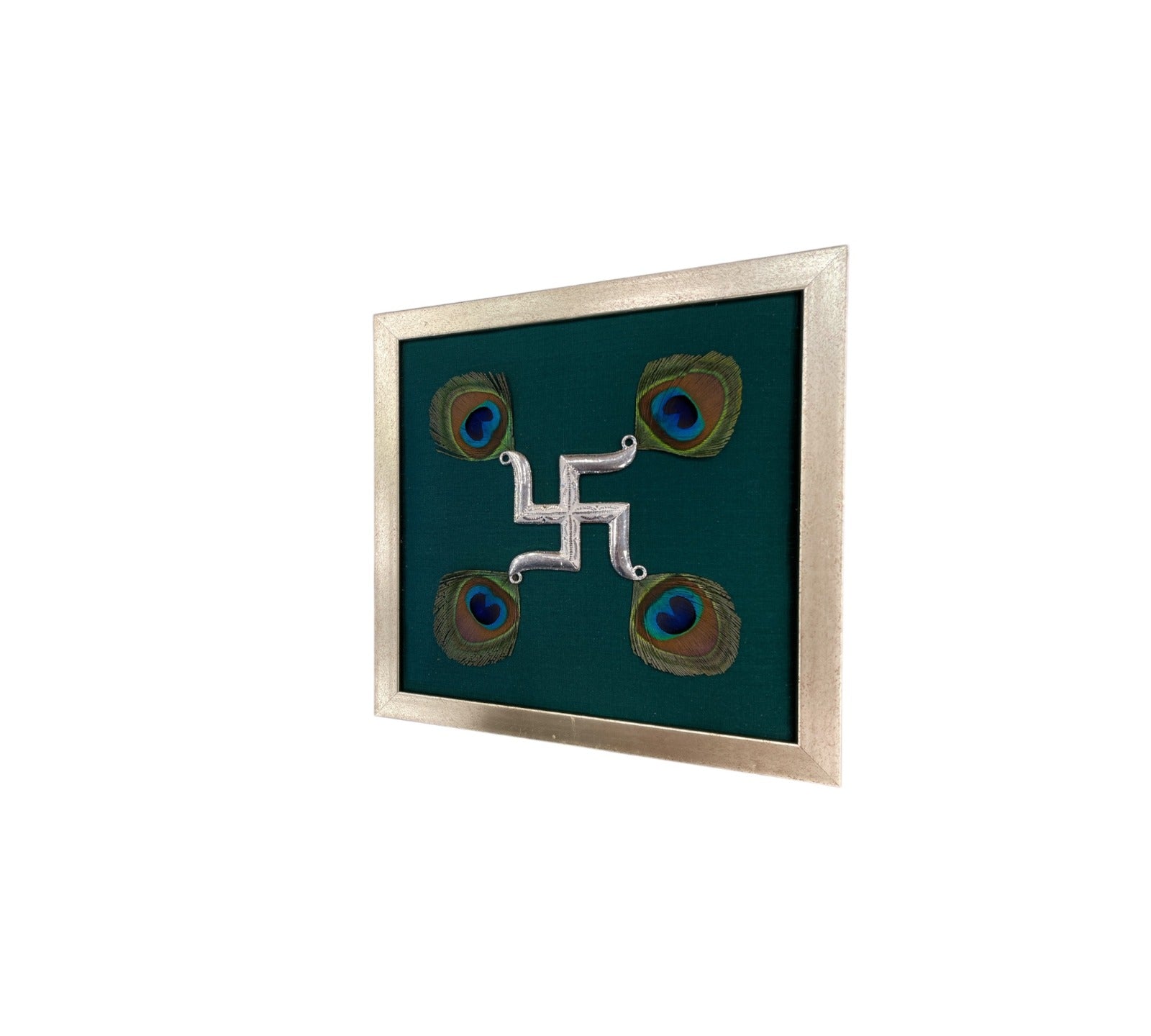 Silver Swastik on Green Silk in Antique Gold Frame with Certificate