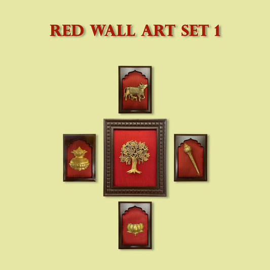 Red Wall Art Set with Kalapvriksha, Gadha, lotus, kamdhenu, Kuber Kalash