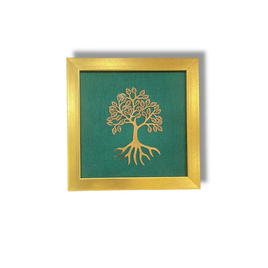 Bilva Tree Dark Green Silk Background in Elegant Brown Frame