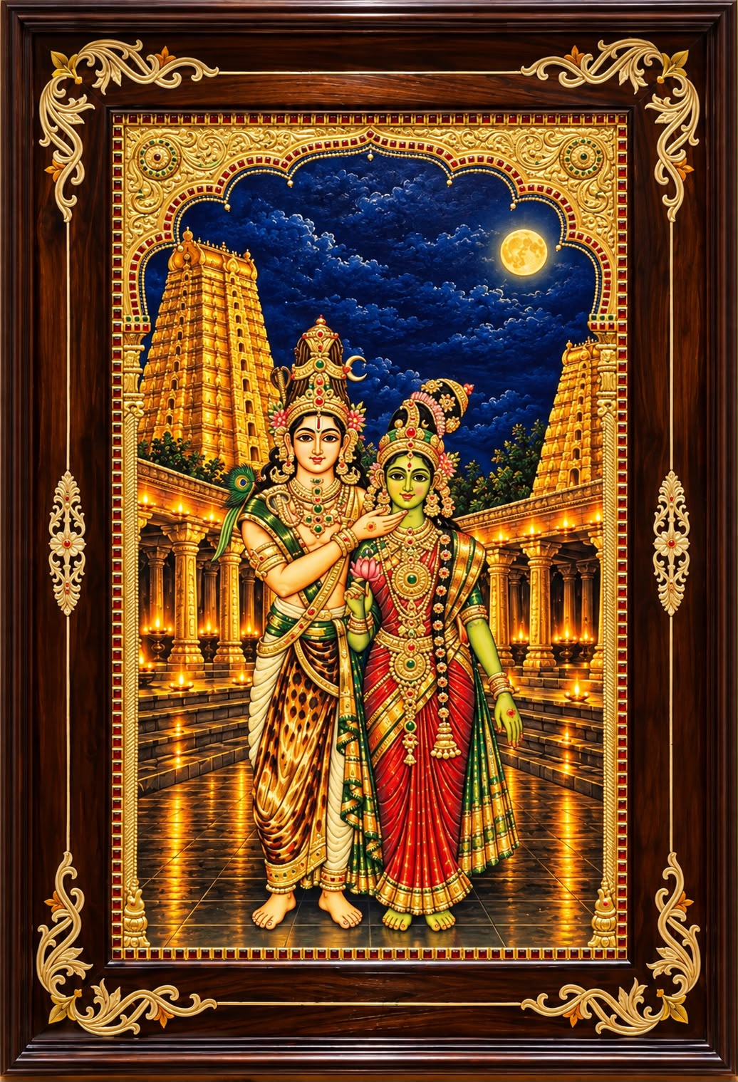 Sundareswara & Meenakshi Gold Leaf Art | Traditional Rosewood Frame