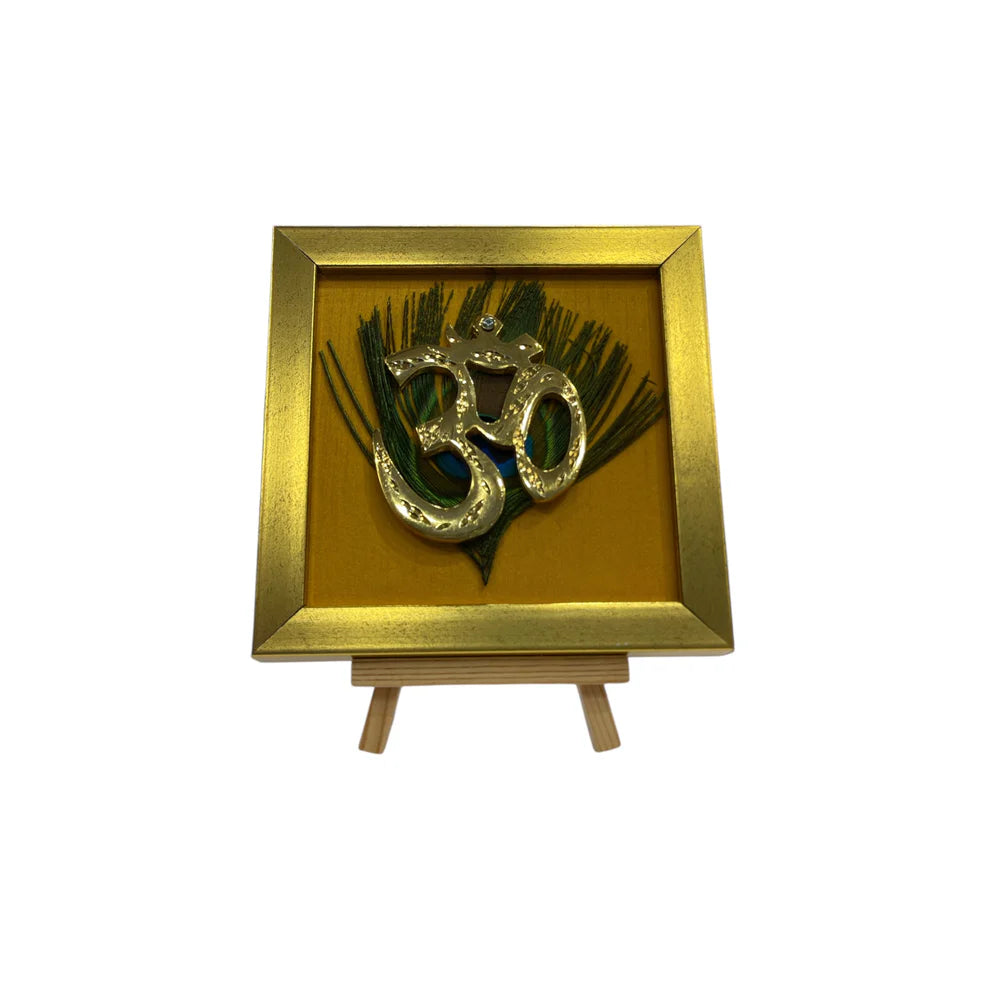 Brass Om on Peacock Feather & Violet Silk with display stand