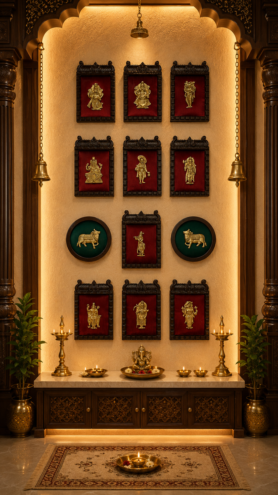 Brass Dashavatara & Kamadhenu Wall Art | Wine Red Silk | Temple Frame
