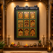 9 Gods in One Frame Gold Leaf Art | Premium Engineered Wooden Pooja Room Wall Frame