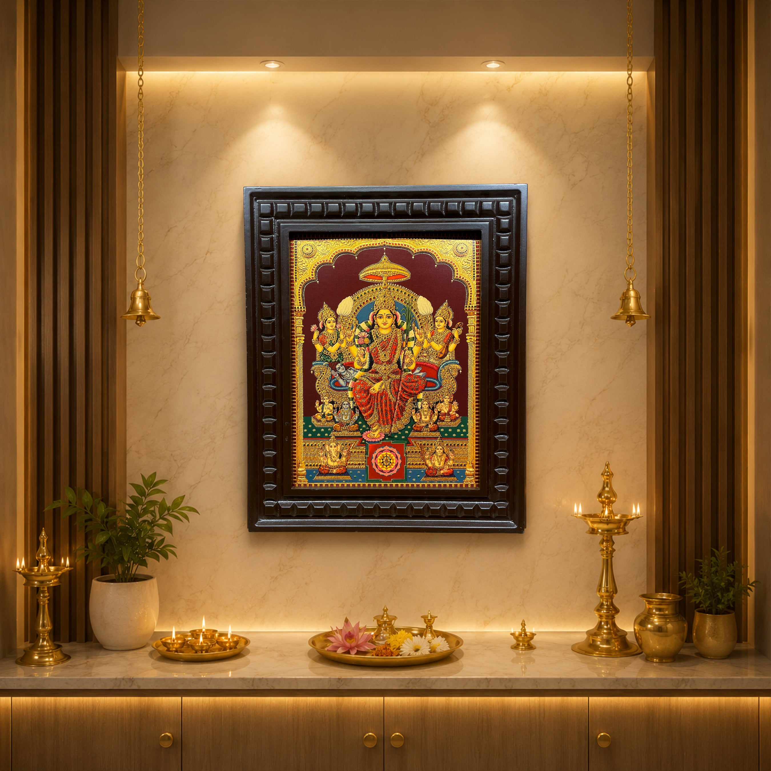 Lalita Tripura Sundari Gold Leaf Art | Engineered Wooden Frame for Pooja Room & Living Hall