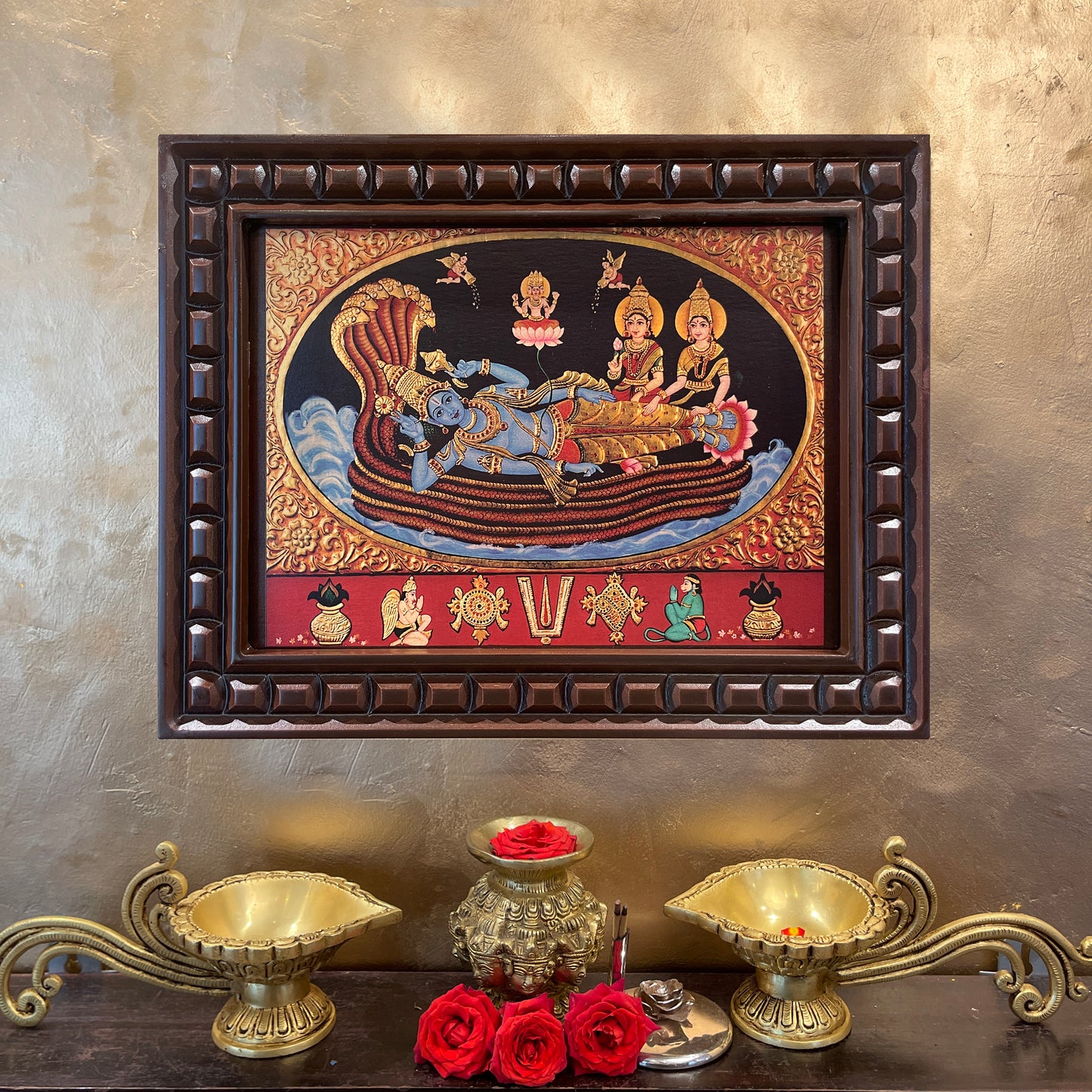 Ananthasayana (Mahavishnu with Sridevi and Bhoodevi) Gold Leafed Art With Wooden Frame