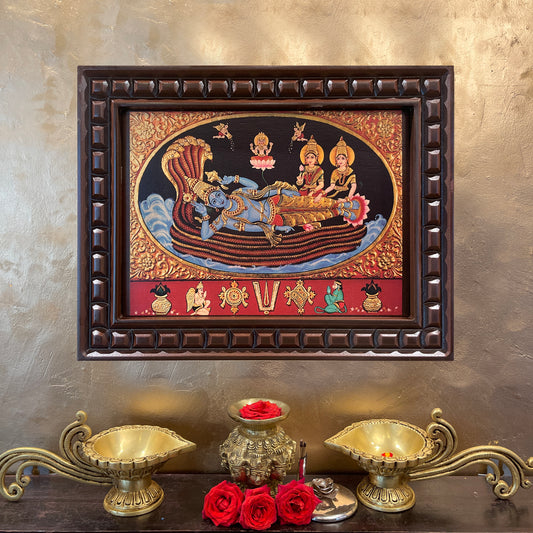 Ananthasayana (Mahavishnu with Sridevi and Bhoodevi) Gold Leafed Art With Wooden Frame