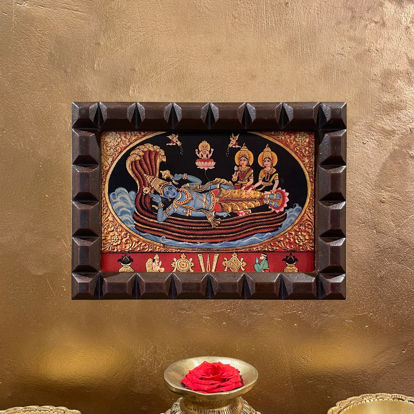 Ananthasayana (Mahavishnu with Sridevi and Bhoodevi) Gold Leafed Art With Wooden Frame