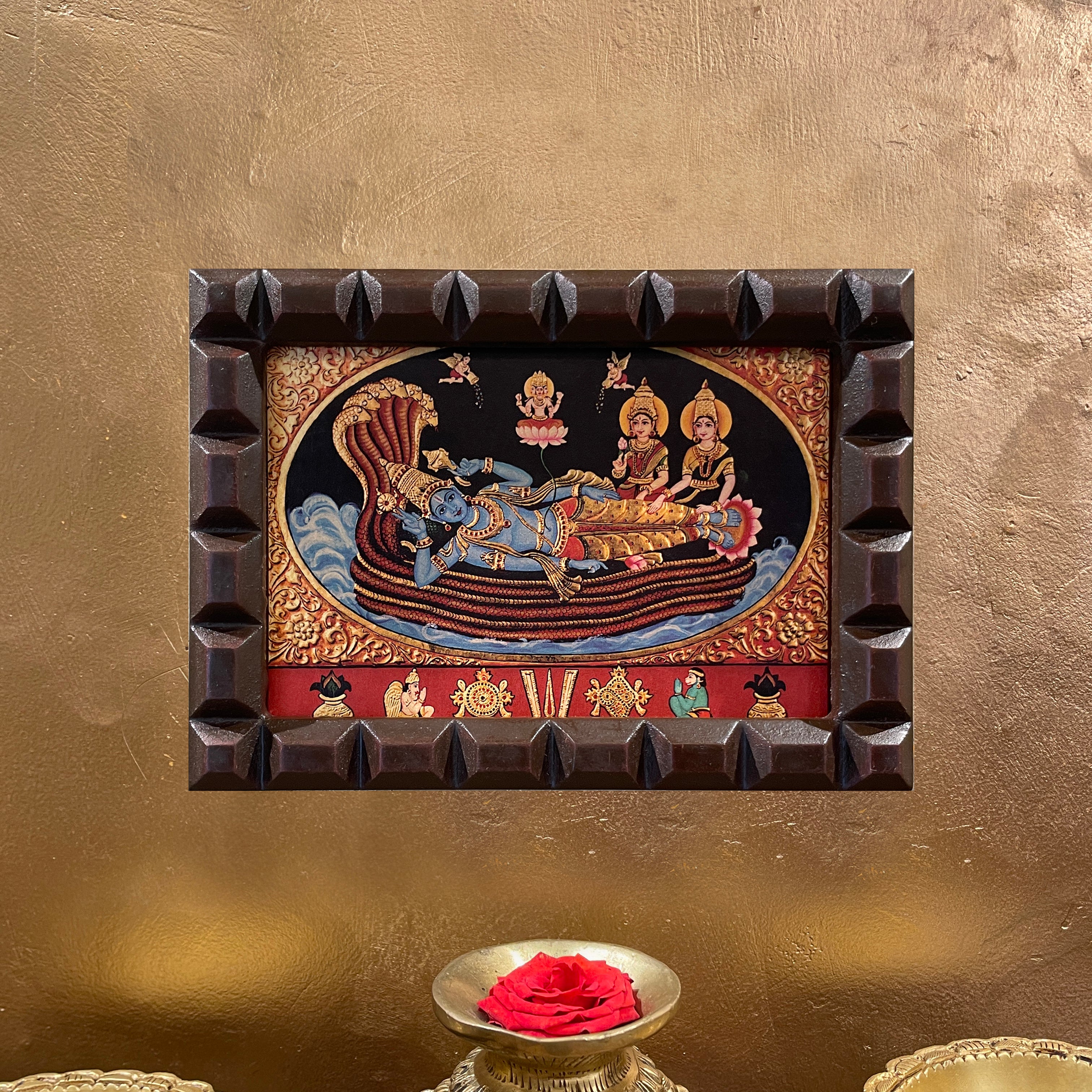 Ananthashayana (Mahavishnu with Sridevi and Bhoodevi) Gold Leafed Art With Wooden Frame