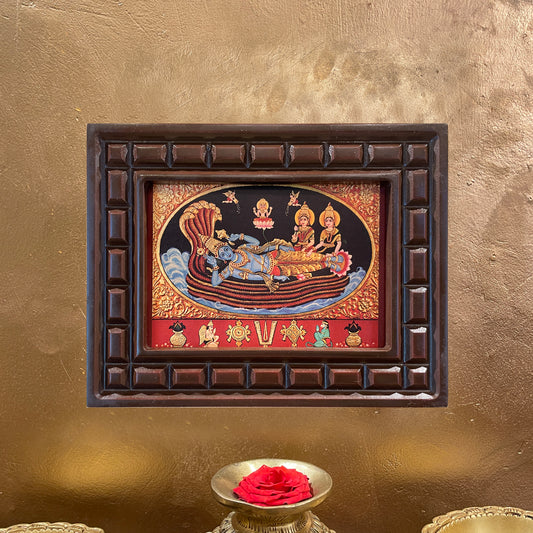 Ananthasayana (Mahavishnu with Sridevi and Bhoodevi) Gold Leafed Art With Wooden Frame