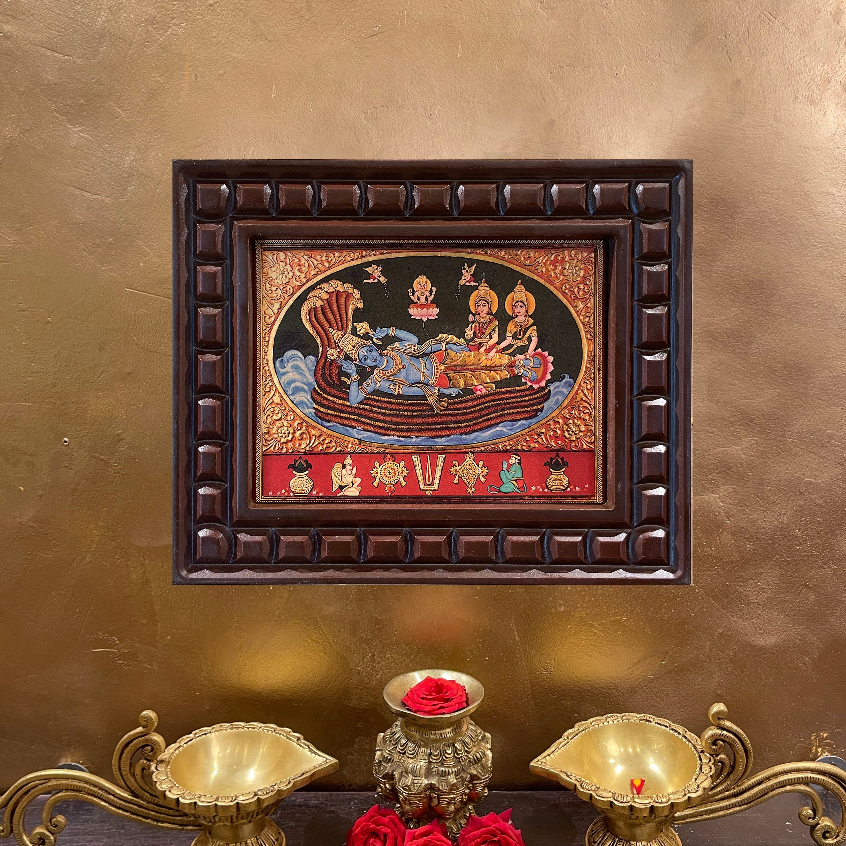 Ananthashayana (Mahavishnu with Sridevi and Bhoodevi) Gold Leafed Art With Wooden Frame
