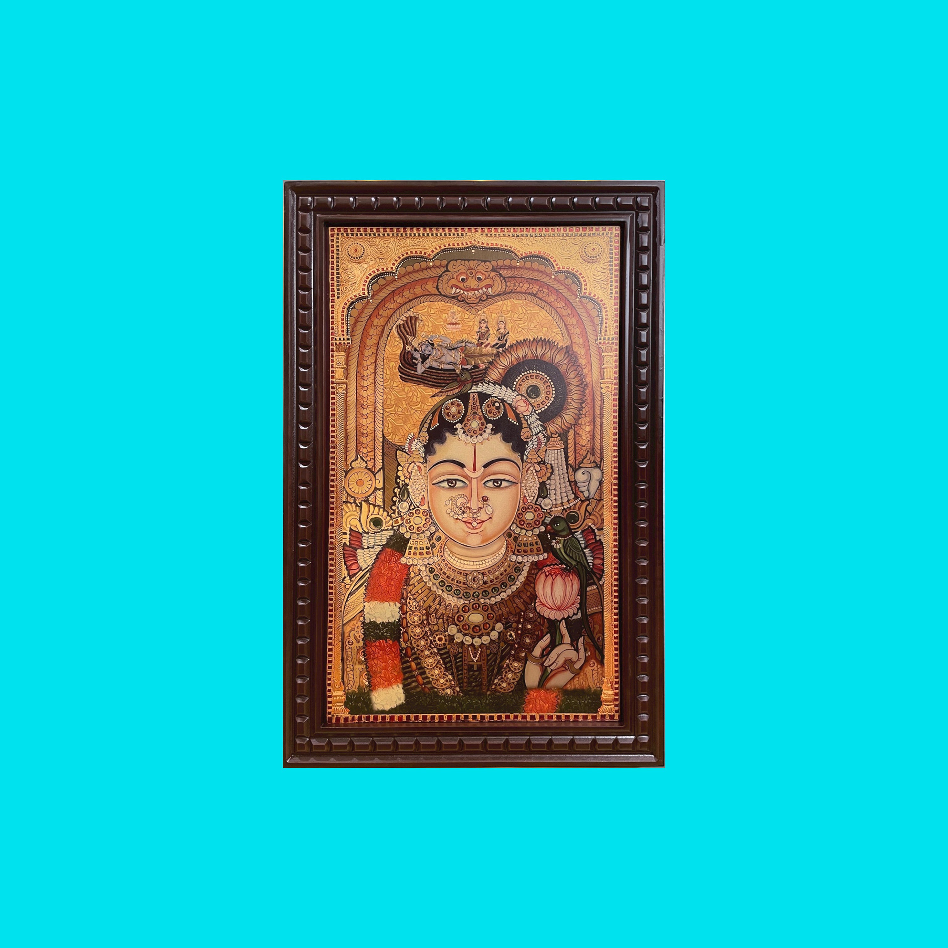 Mahalakshmi Thayar Andal with Green Parrot & Padmanabhan Gold-Leaf Artwork in wooden frame
