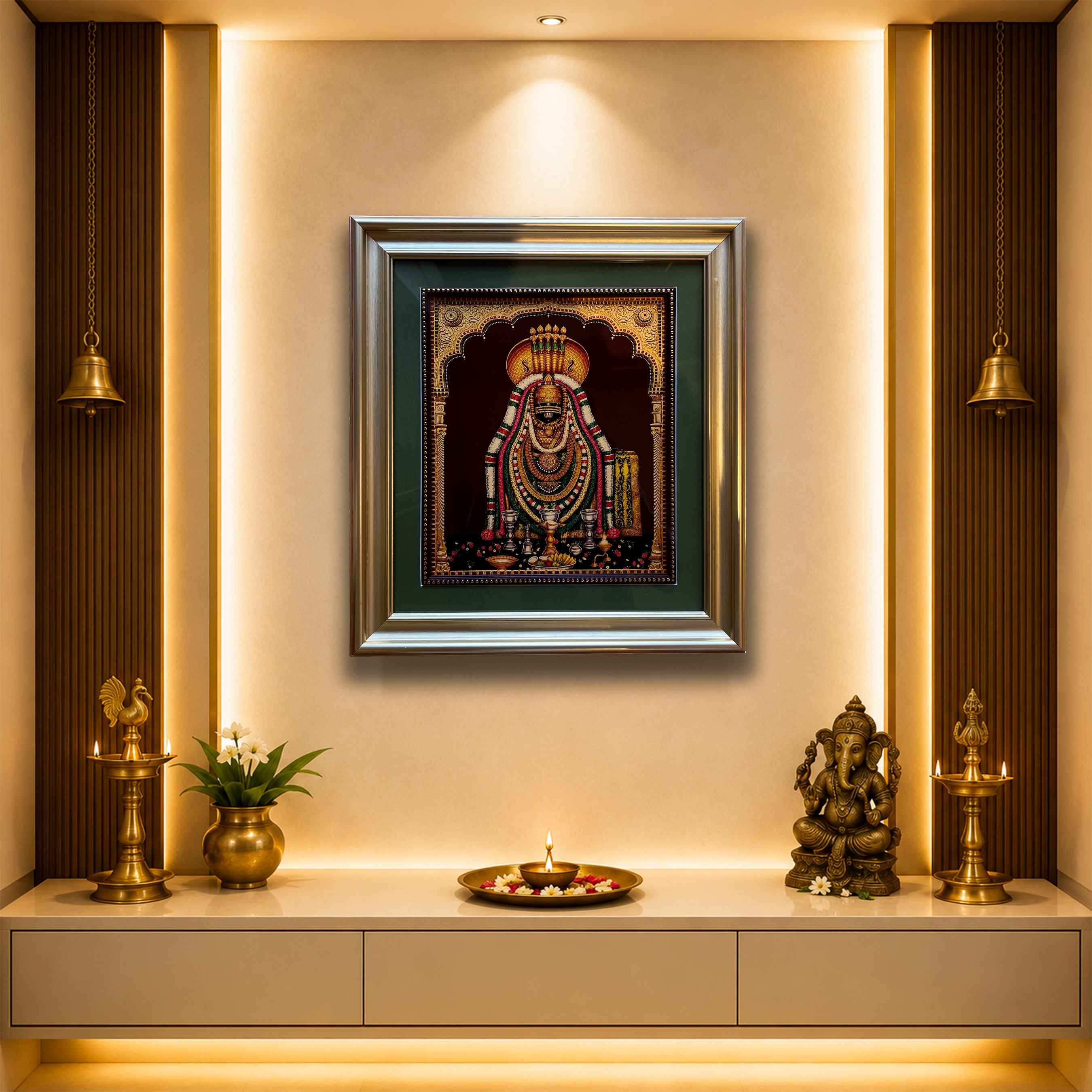 Annamalaiyar Gold Leaf Artwork | Luxury Gold Resin Frame with Green Mount & Inner Beading